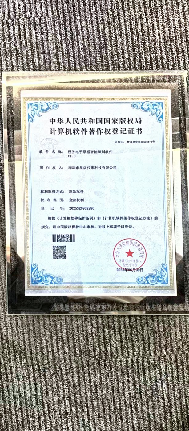 计算机软件著作权登记证书（样张）：税务电子底账智能识别软件 V1.0，登记号 2025SR0952280；公司共取得 14 项软件著作权，此处展示 1 项